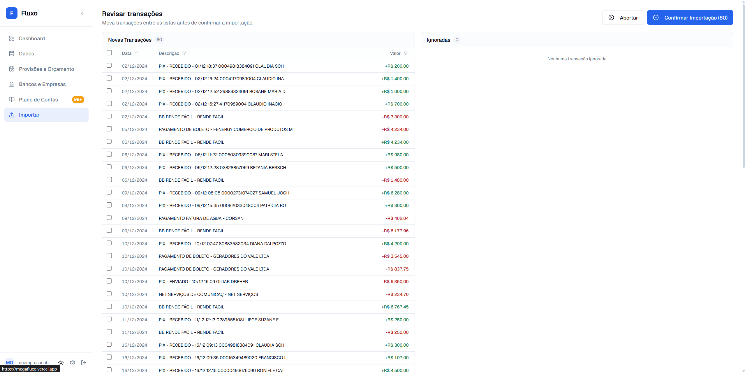 Fluxo transaction import screen showing an OFX file being categorized automatically